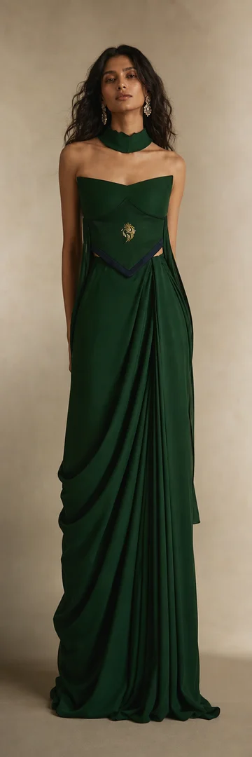 Emerald sculpted sari with matching corset blouse