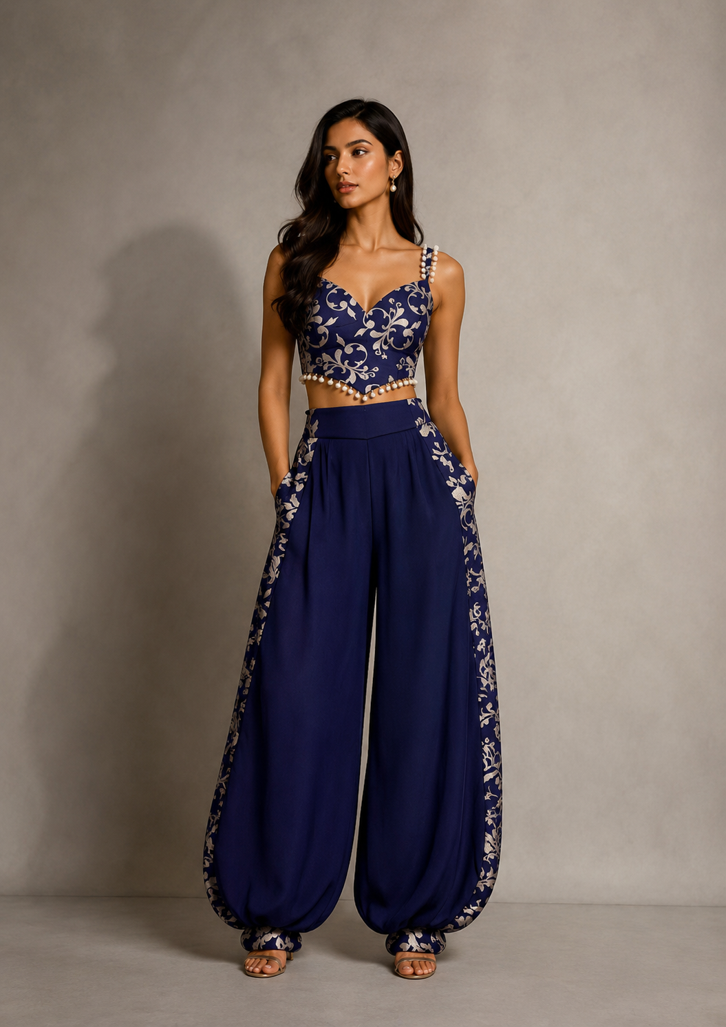 Navy embroidered bralette with voluminous harem trousers